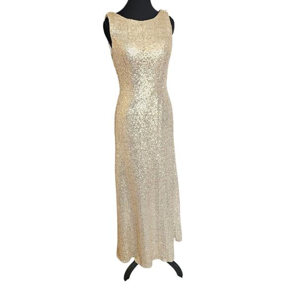Gold Sequin Evening Gown Dress Cowl Draping Back & Zip Up Back Aleena Grace Sz 4 - Picture 1 of 14